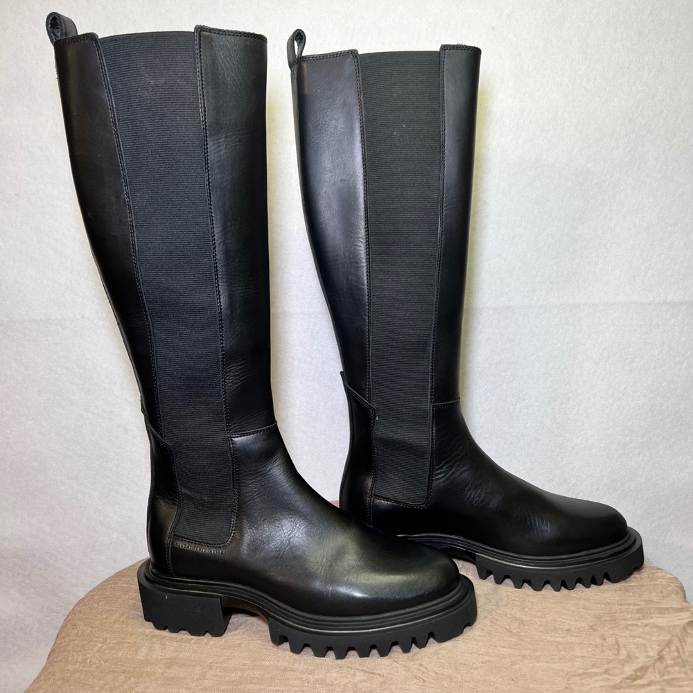 NWOB AllSaints Maeve Black Leather Knee High Lug Sole Boots Edgy Goth Grunge 8